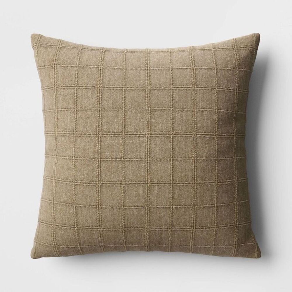 Oversized Woven Washed Windowpane Square Throw Pillow - Green Olive